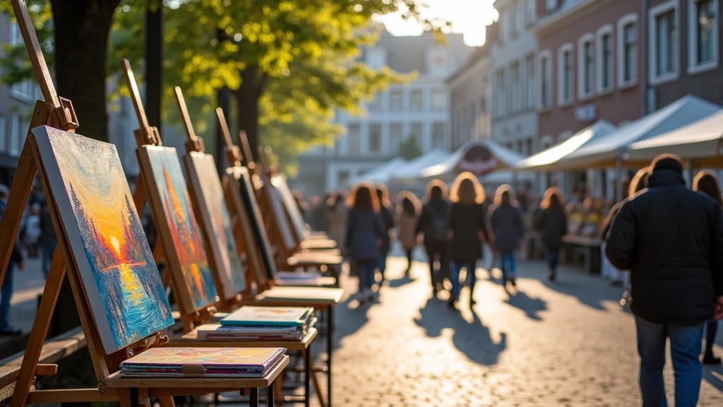 Kunstmarkt in Utrecht met schilderijen op ezels