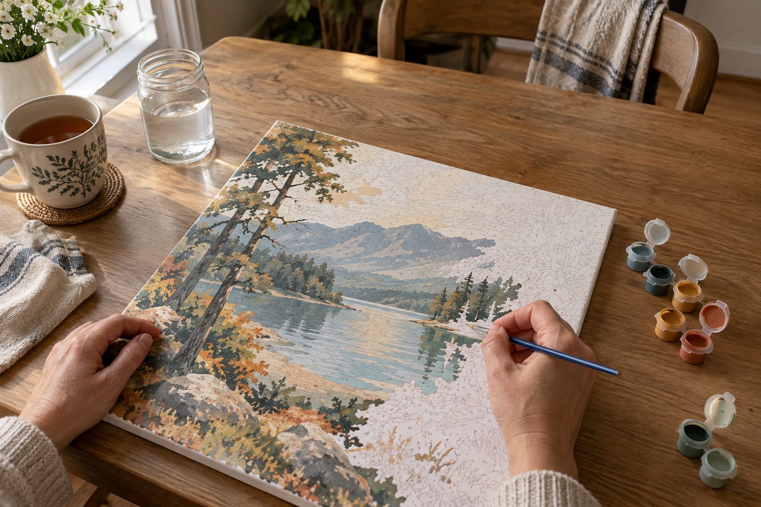 Handen schilderen een genummerd vlak in een half afgemaakt schilderen-op-nummerdoek met een meer en bomen, op een houten keukentafel met thee en verfpotjes