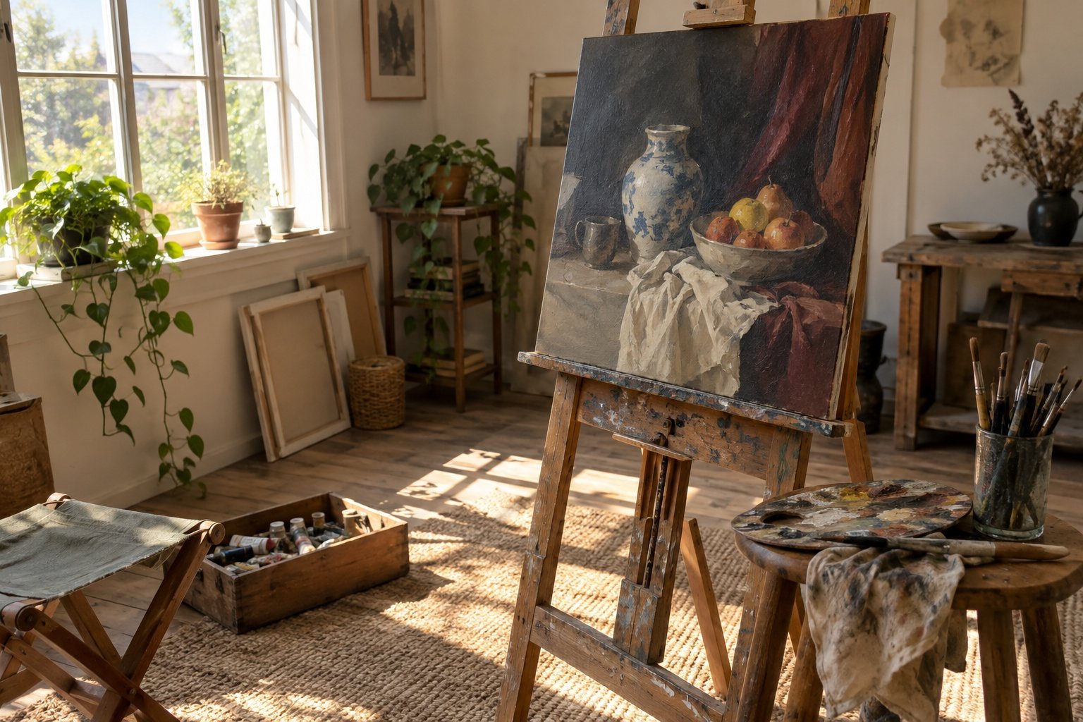 Halffabriceerde kopie van een klassiek stilleven met vaas en fruitschaal op een houten schildersezel in een zonnig atelier, met klapstoel en verfkist ernaast